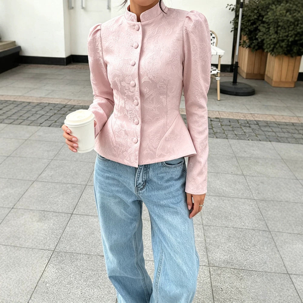 Women tailored jacquard blouse with stand-up collar and decorative button placket Mune Fashion