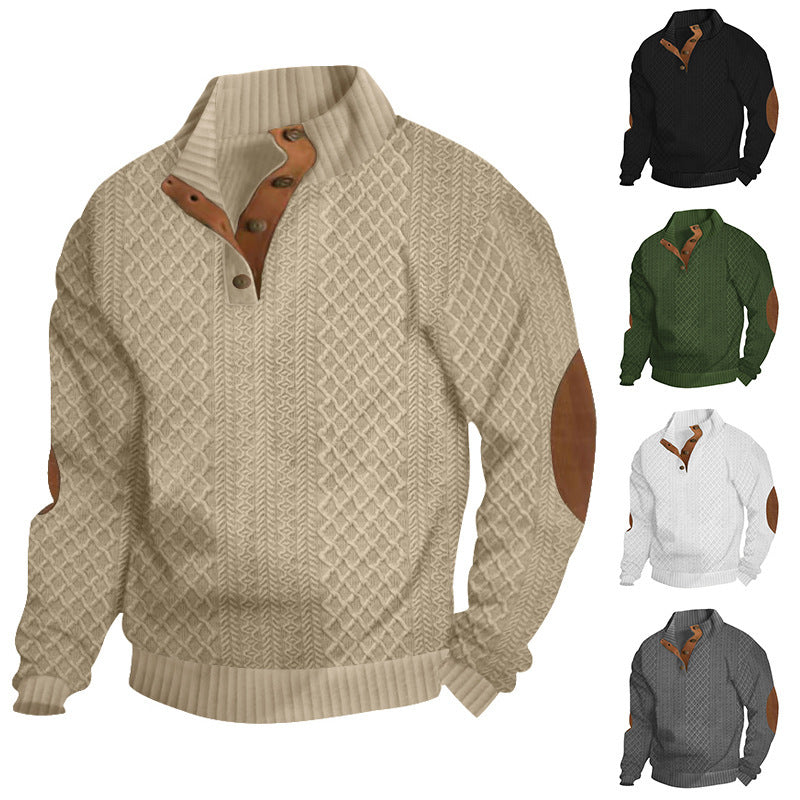 Men's coarse-knit pullover with standing collar, button placket, and elbow patches Mune Fashion