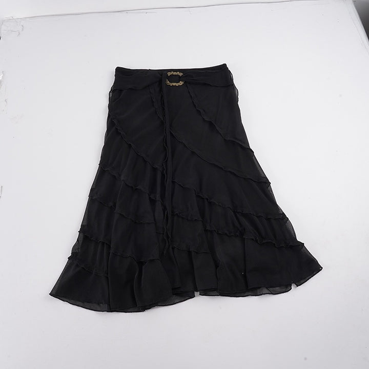 Women's midi skirt made of chiffon with layers, asymmetrical seam lines and decorative belt Mune Fashion
