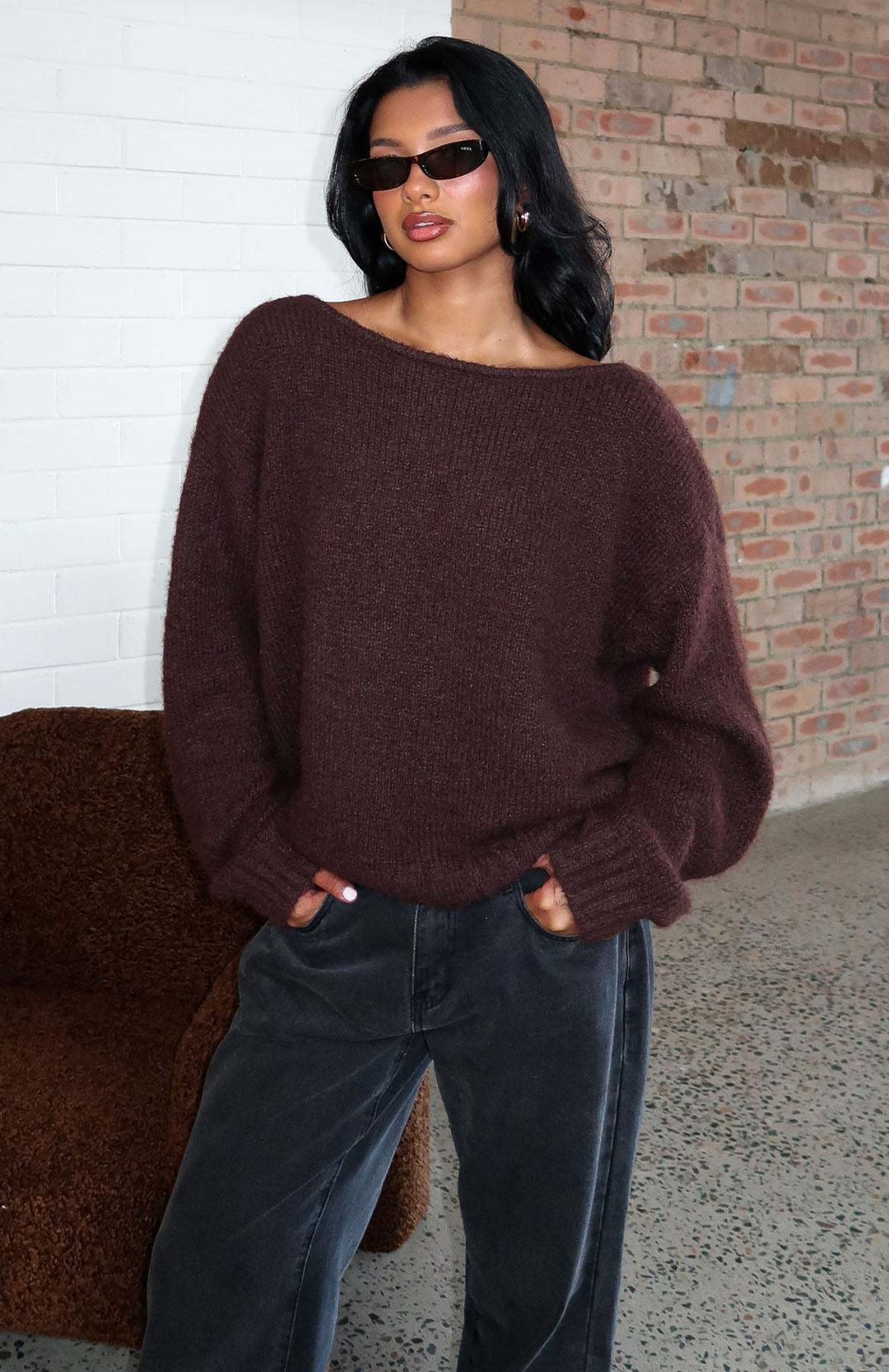 Women Oversize Boucle Sweater with Wide Boat Neck and Ribbed Cuffs Mune Fashion