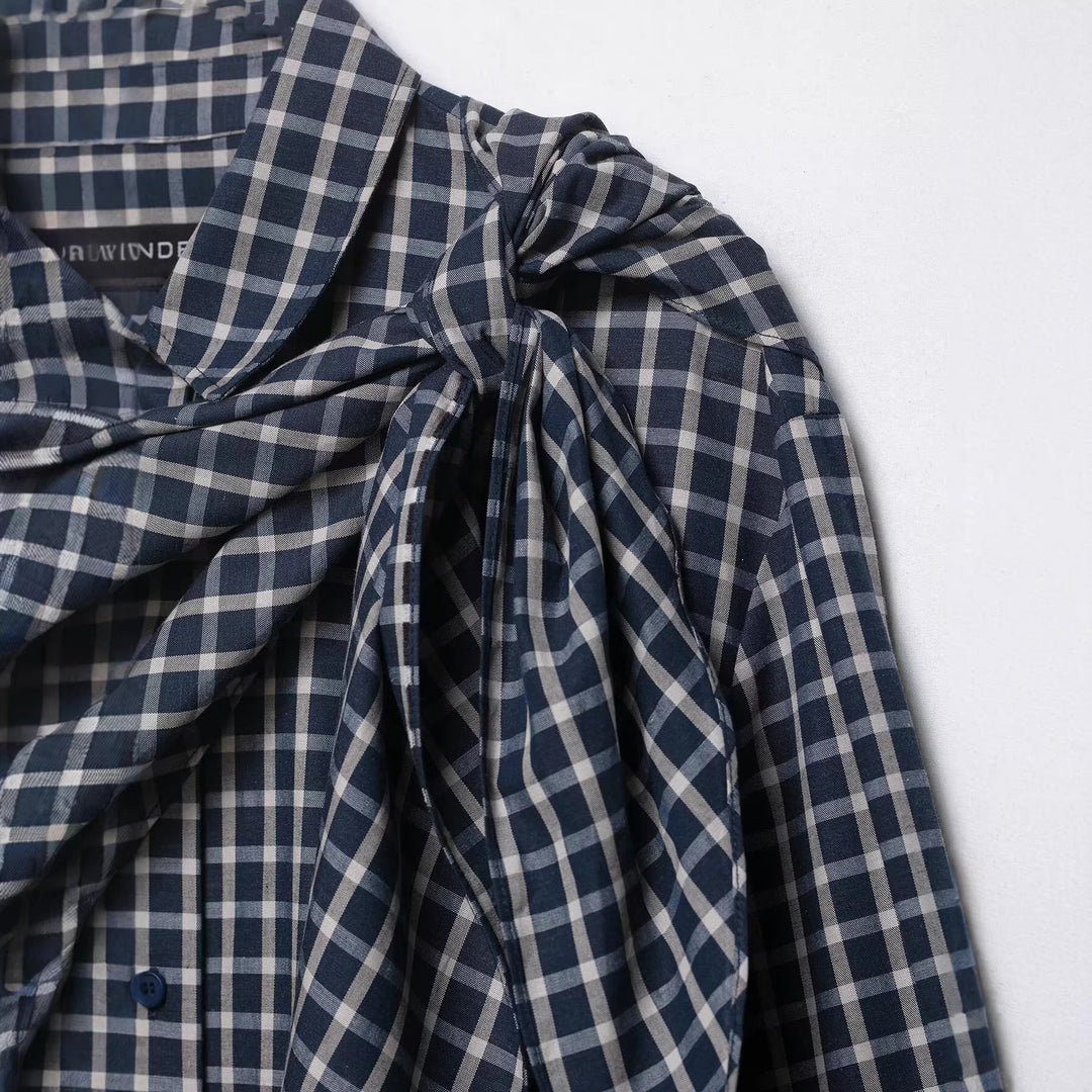 Women's Checked Blouse with Asymmetric Scarf Draping and Shirt Collar Mune Fashion