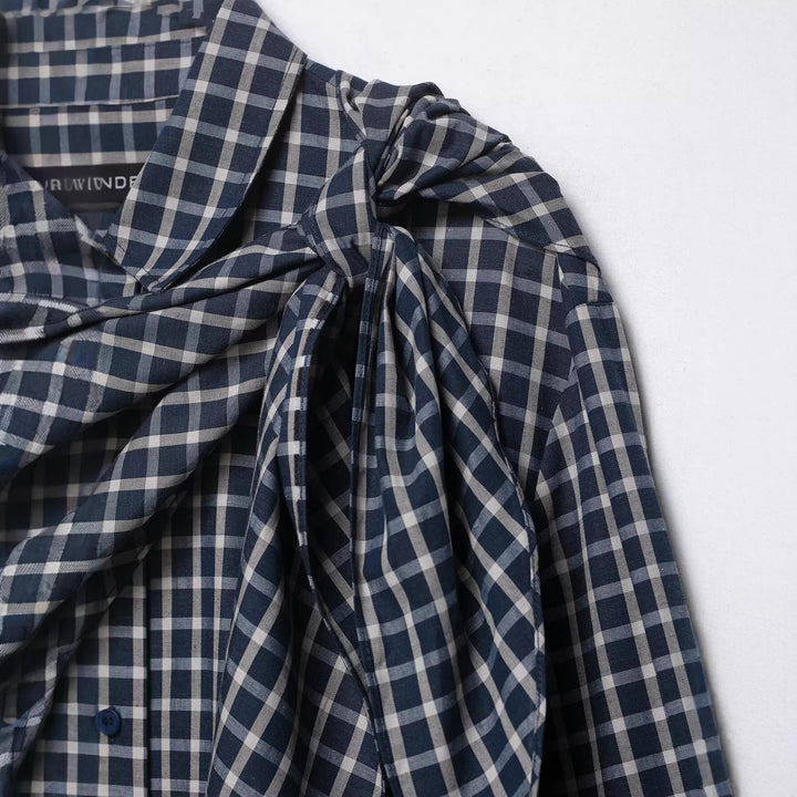 Women's Checked Blouse with Asymmetric Scarf Draping and Shirt Collar Mune Fashion