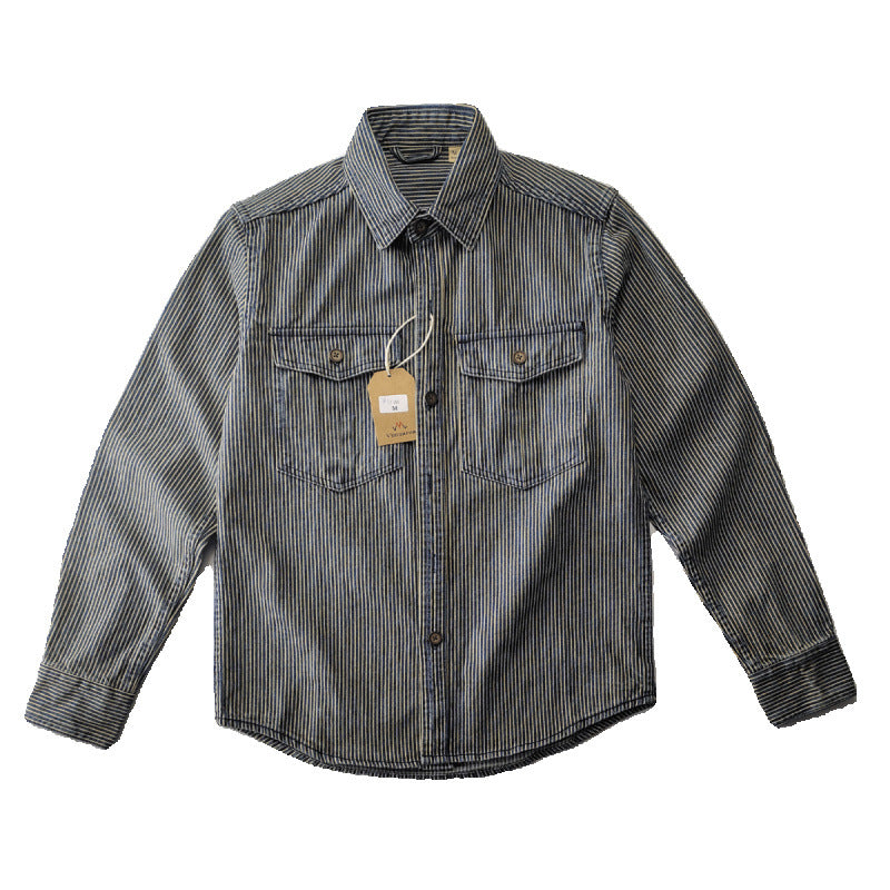 Men's Lightweight Striped Denim Worker Shirt Jacket with Flap Pockets Mune Fashion