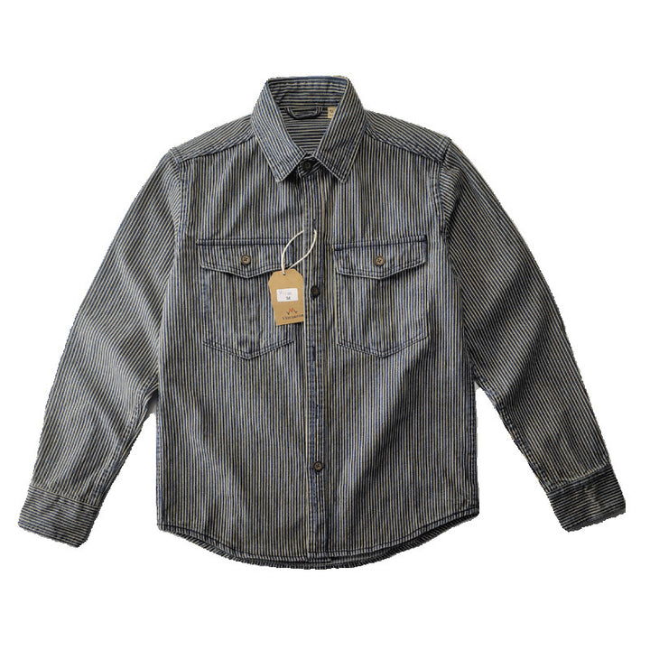 Men's Lightweight Striped Denim Worker Shirt Jacket with Flap Pockets Mune Fashion
