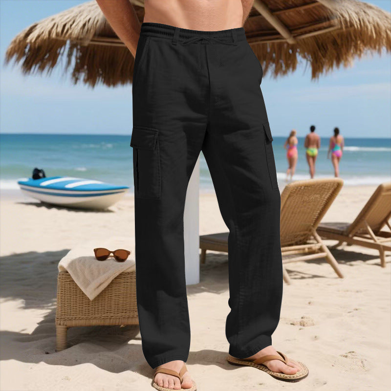 Men's Relaxed-Fit Cargo Beach Pants with Elastic Waistband and Applied Flap Pockets Mune Fashion