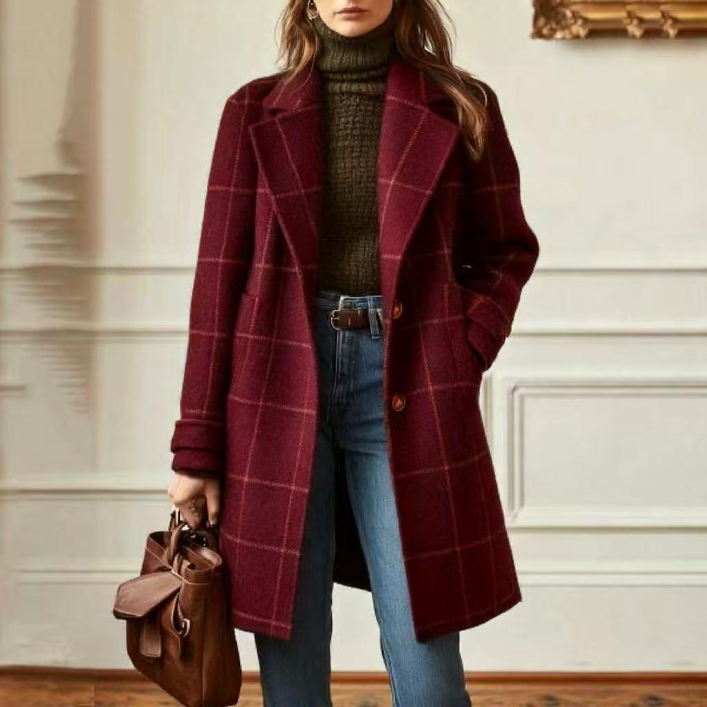 Women's checked wool blend coat with lapel collar, patch pockets, and tailored silhouette Mune Fashion