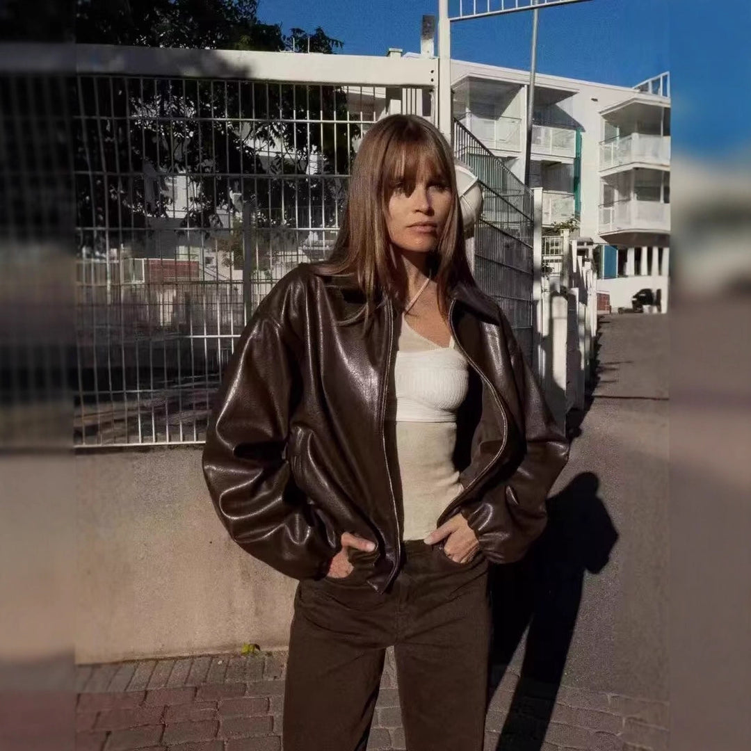 Women Oversize Faux Leather Blouson with Zipper and Elastic Hem Mune Fashion