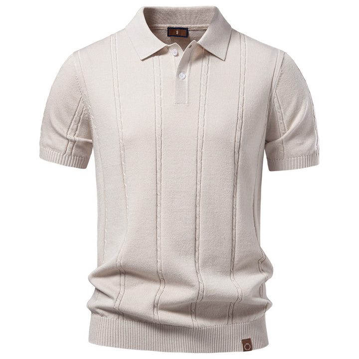 Men's short sleeve knitted polo with textured stripes, ribbed cuffs, and classic polo collar Mune Fashion
