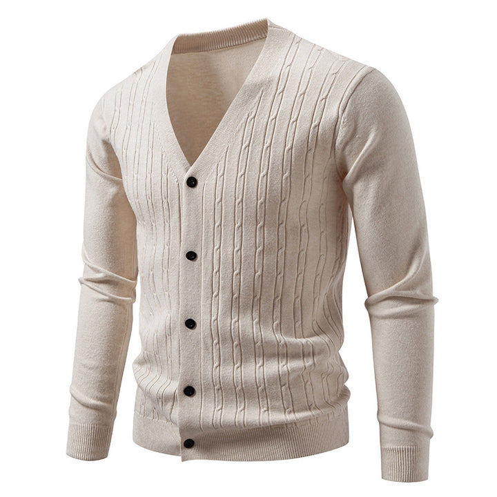 Men's fine-knit cardigan with deep V-neck slim fit and vertical cable knit Mune Fashion