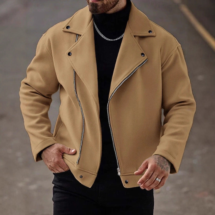 Men's Oversized Biker Jacket made of Wool Blend with Asymmetrical Zipper and Snap Button Details Drune
