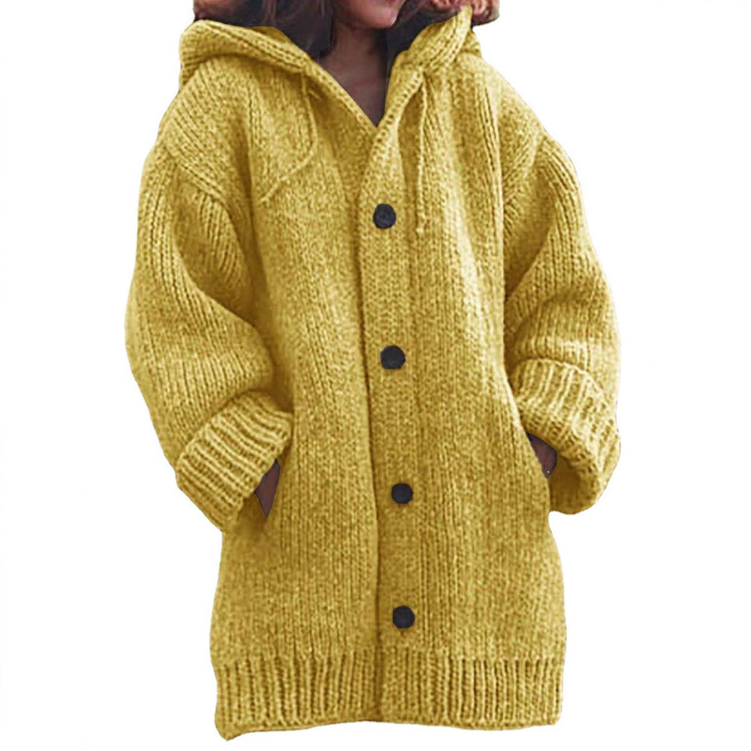 Women Long Slouchy Chunky Knit Coat Cardigan with Hood, Dropped Shoulder and Large Buttons Mune Fashion