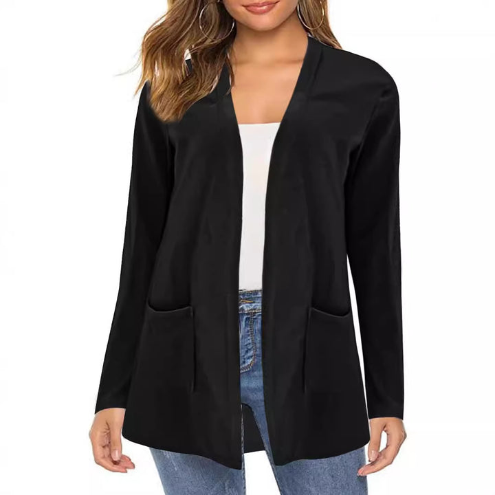 Women’s Long Open Fine Knit Cardigan with Side Pockets and Subtle V-Neckline Drune