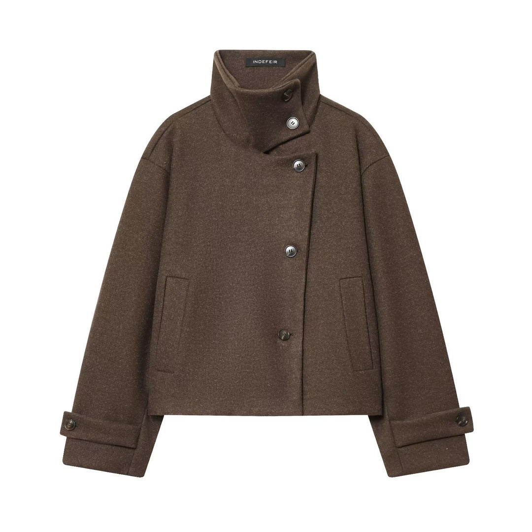 Women's Short Boxy Wool Coat with Asymmetrical Button Placket and Stand-up Collar Mune Fashion