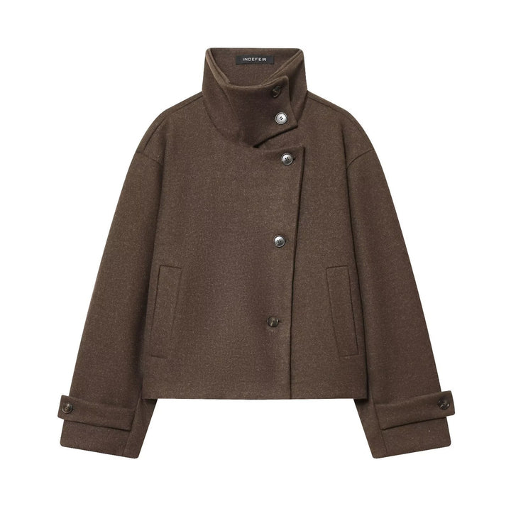 Women's Short Boxy Wool Coat with Asymmetrical Button Placket and Stand-up Collar Mune Fashion