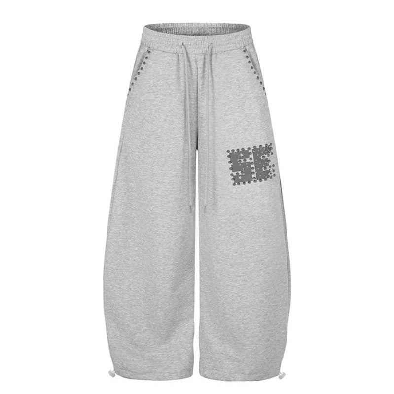 Women's Wide Palazzo Sweatpants with Studded Trim, Comfort Waistband and Hem Drawstring Mune Fashion