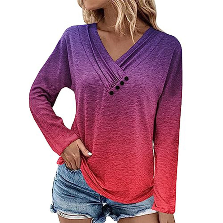 Women's Ribbed V-Neck Sweater with Gradient, Decorative Buttons and Relaxed Fit Mune Fashion