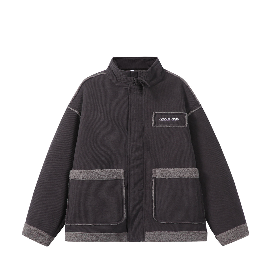 Unisex Short-cut Cord Jacket with Teddy Trim and Funnel Neck Mune Fashion