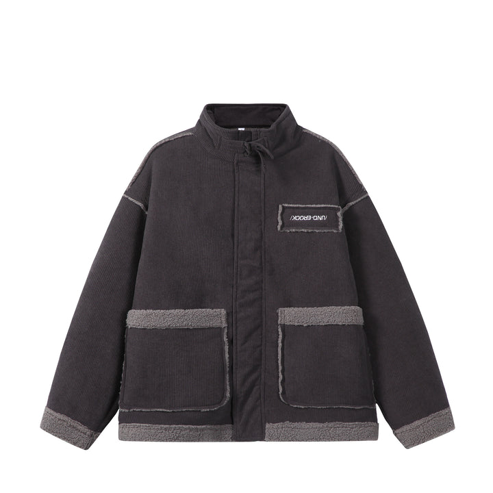 Unisex Short-cut Cord Jacket with Teddy Trim and Funnel Neck Mune Fashion