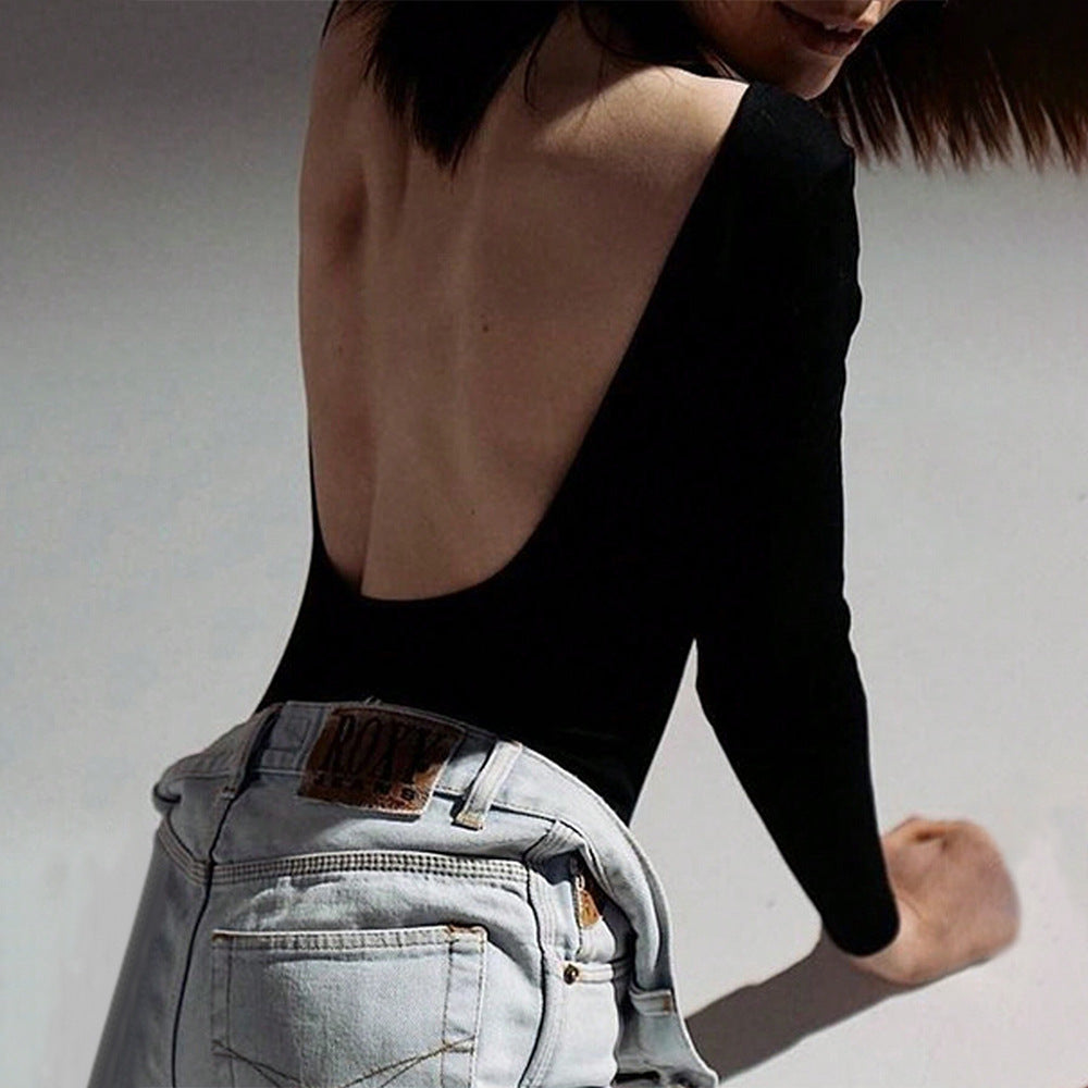 Women’s form-fitting long-sleeve bodysuit with high round neck, seamless fit, and stretchy jersey fabric.