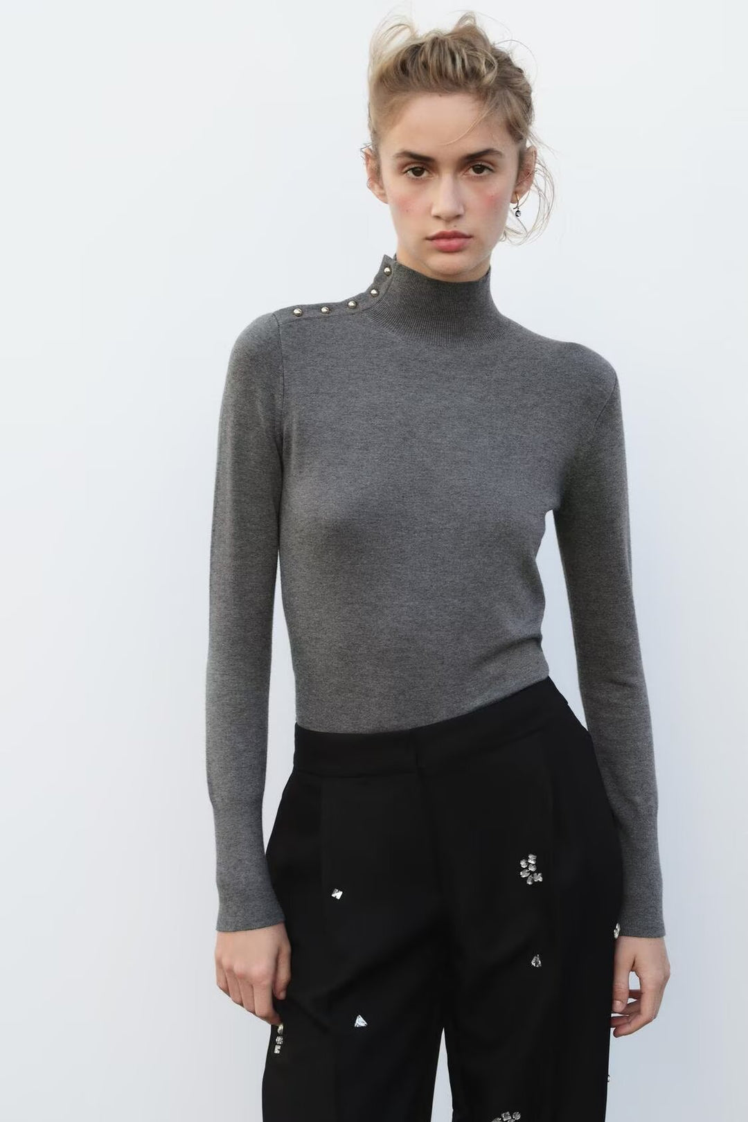 Women's fine knit roll neck with stand-up collar and decorative shoulder button placket Mune Fashion