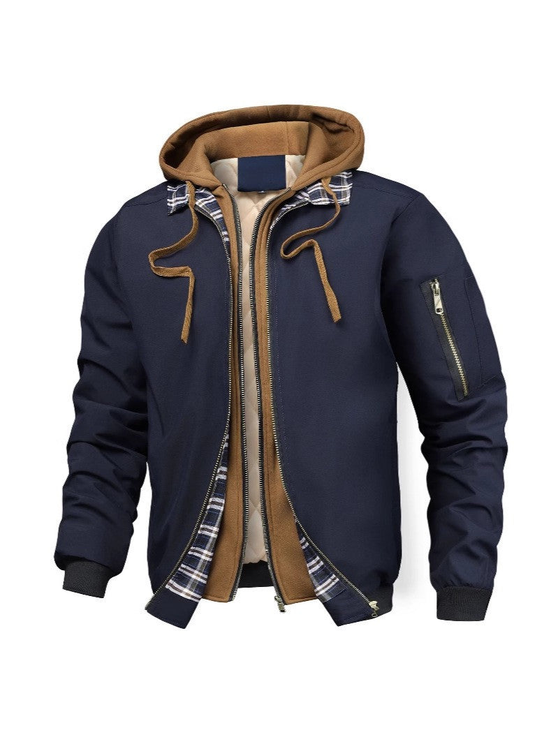 Men's Layered Bomber Jacket with Hood Inlay, Quilted Inner Vest and Arm Pocket Mune Fashion
