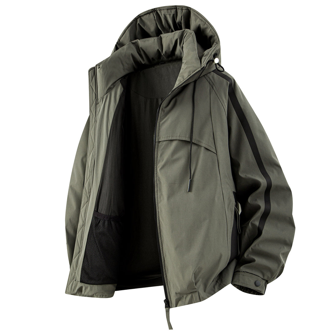 Unisex padded outdoor utility jacket with hood and reflective stripes Drune