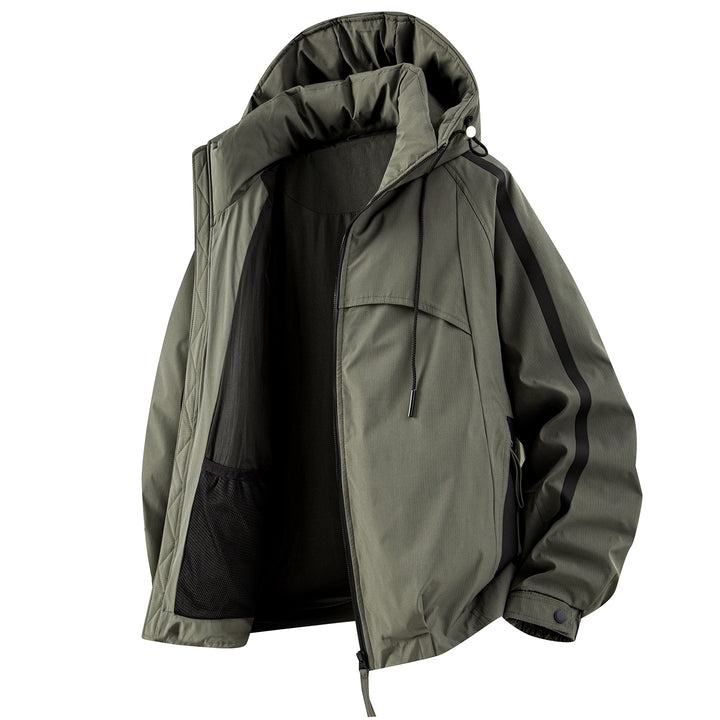 Unisex padded outdoor utility jacket with hood and reflective stripes Drune