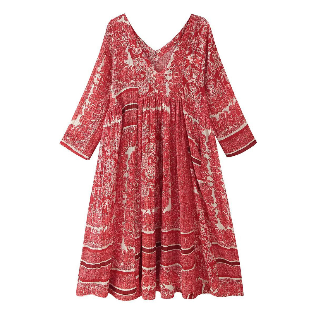 Women's Long Boho Maxi Dress with V-Neck and Ruched Empire Waist Mune Fashion
