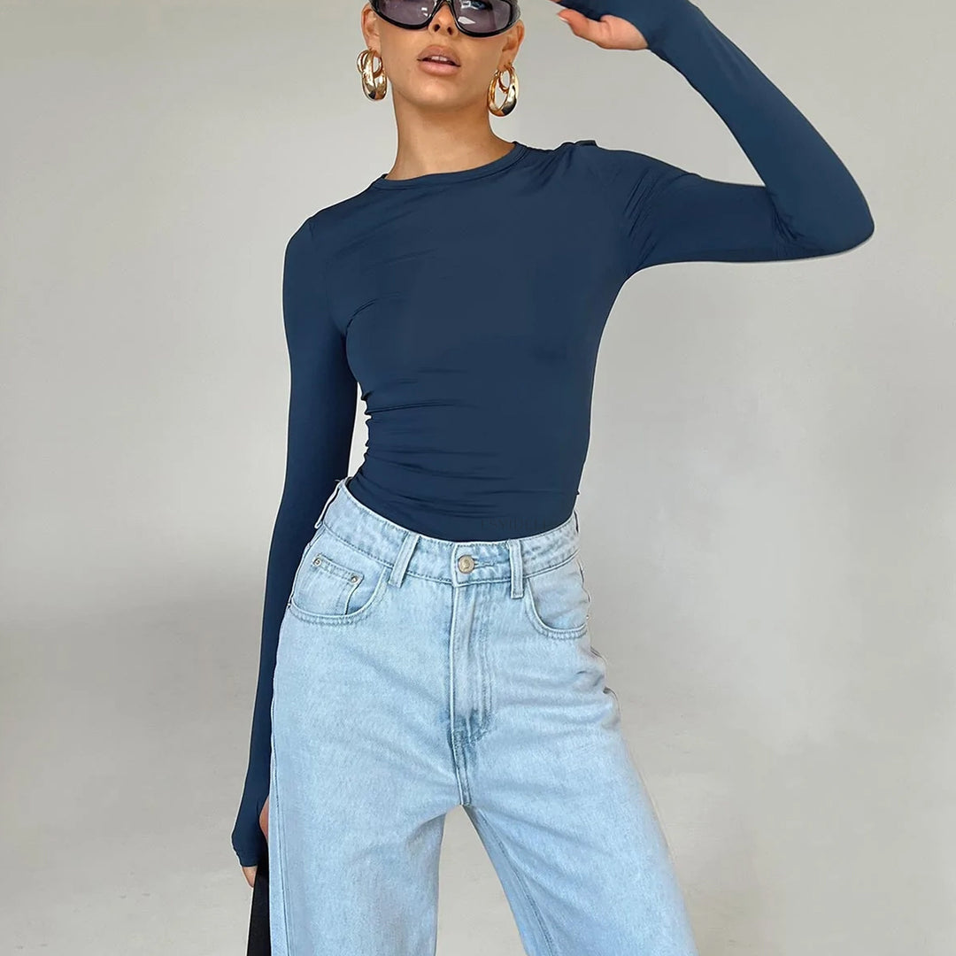 Women's Fitted Crop Long Sleeve with Thumb Holes Mune Fashion