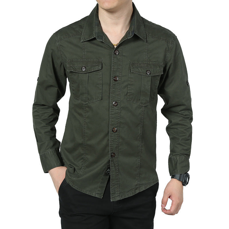 Men's Long-Sleeved Canvas Field Shirt with Chest Patch Pockets and Military Details Mune Fashion
