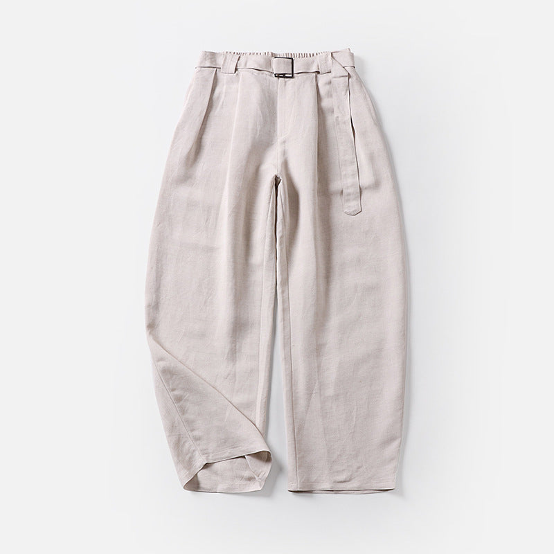 Women's High-Waisted Linen-Cotton Pleated Trousers with Tied Belt and Tapered Leg Mune Fashion