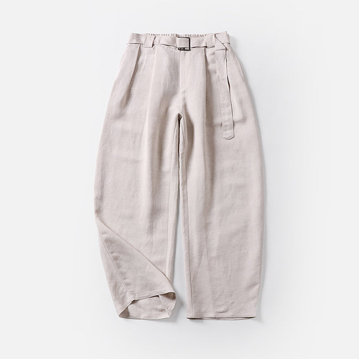 Women's High-Waisted Linen-Cotton Pleated Trousers with Tied Belt and Tapered Leg Mune Fashion