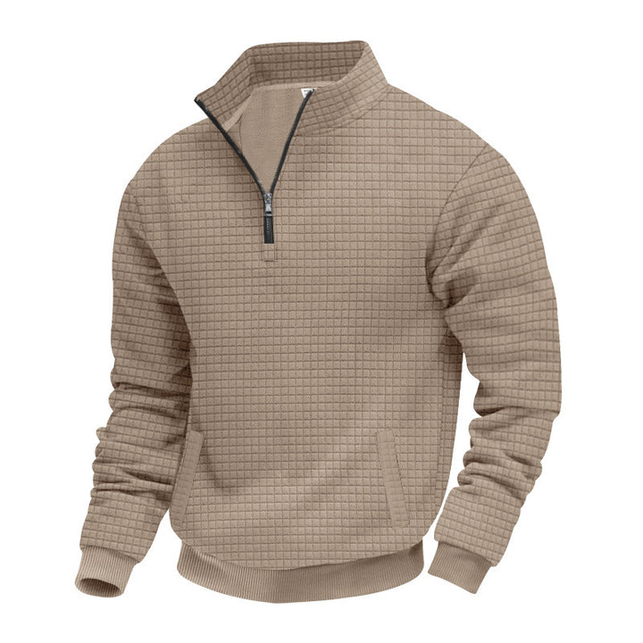 Men's Waffle Knit Half-Zip Pullover with Stand Collar and Elastic Hem Mune Fashion