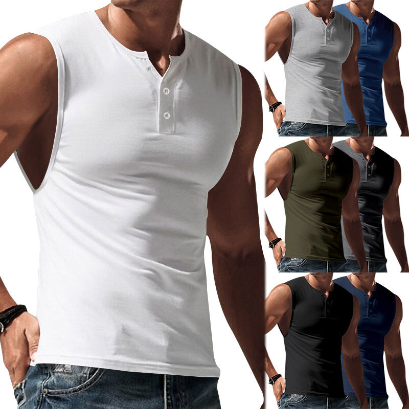Men's sleeveless muscle shirt with Henley button placket, deep armhole, and elastic cotton blend Mune Fashion