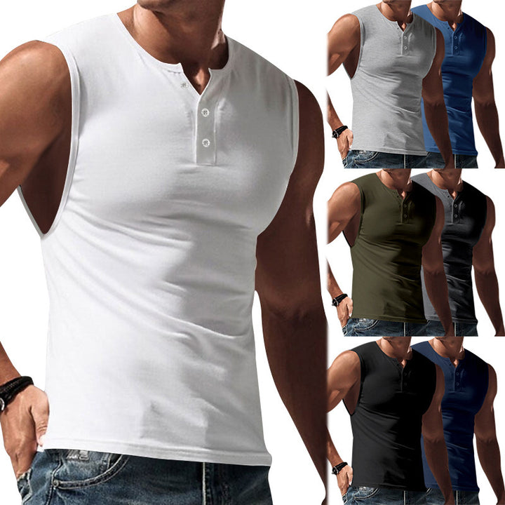 Men's sleeveless muscle shirt with Henley button placket, deep armhole, and elastic cotton blend Mune Fashion