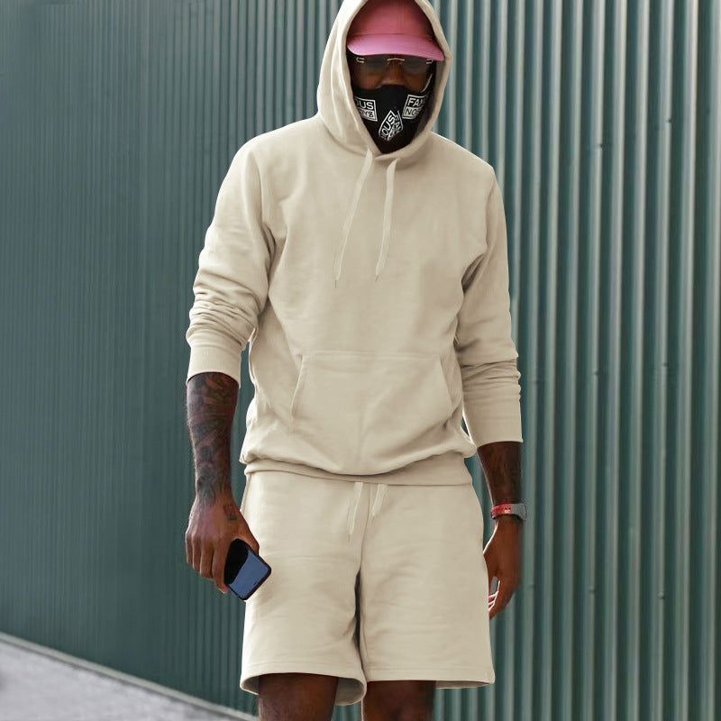 Men's two-piece leisure set hoodie and sweat shorts made of French Terry with kangaroo pocket and drawstring Mune Fashion