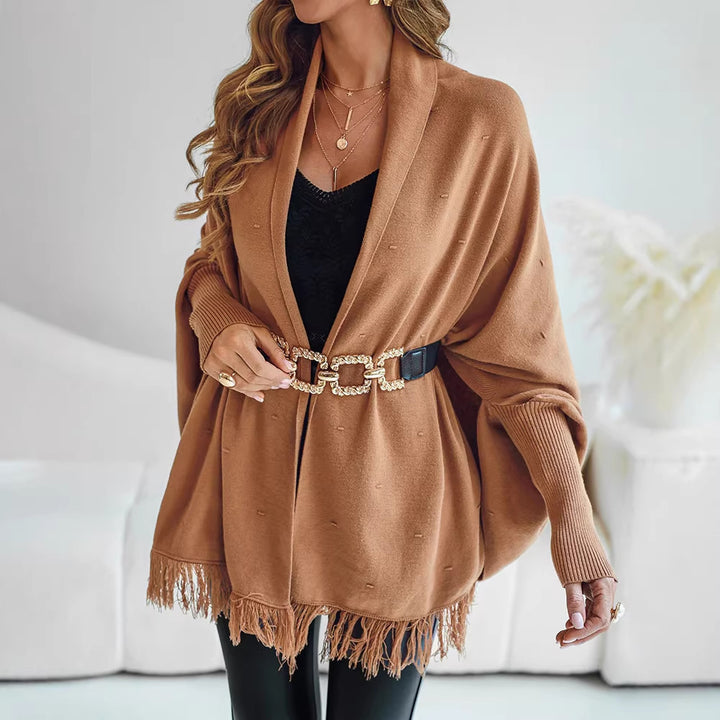 Women Elegant Knitted Poncho with Fringes Mune Fashion