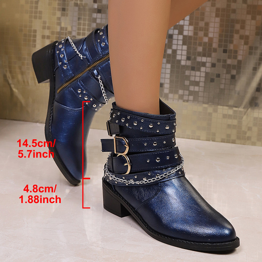 Women’s Studded Ankle Boots with Chain and Buckle Details Mune Fashion