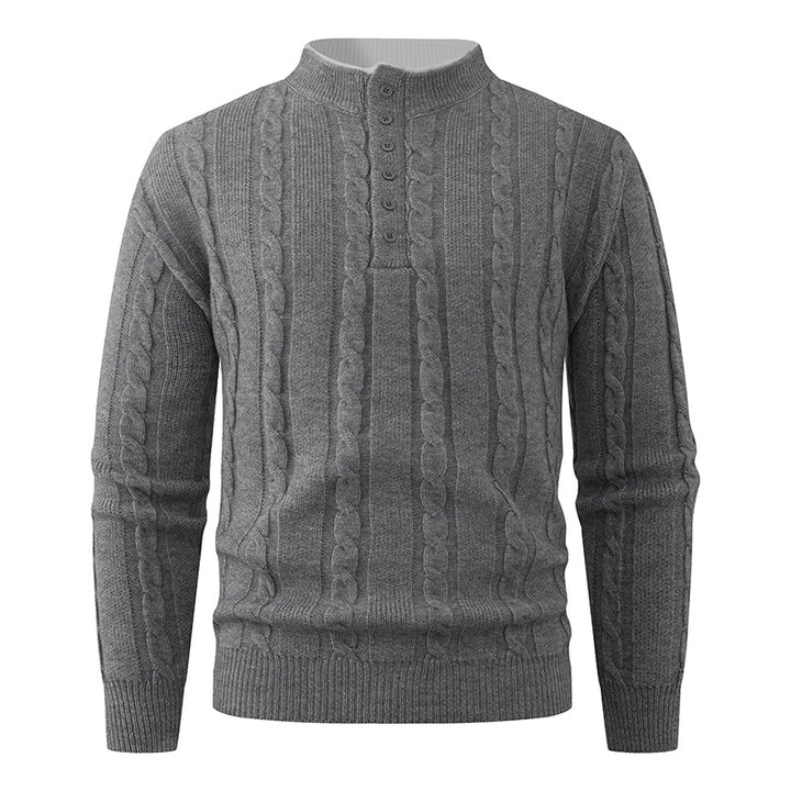 Men's Structured Cable Knit Sweater with Button Placket and Stand Collar Mune Fashion