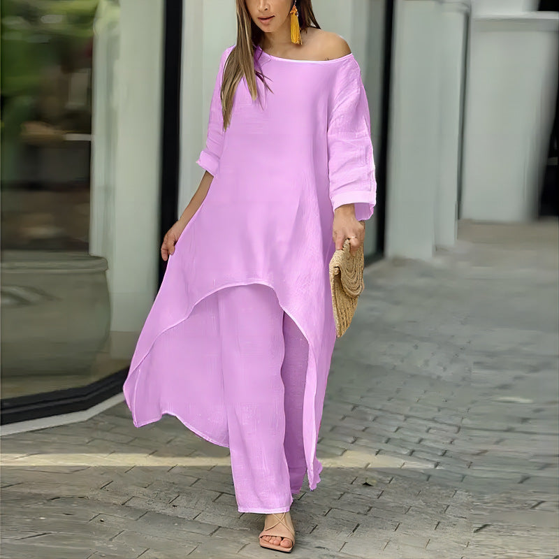 Women's oversized linen two-piece set with asymmetrical tunic and loose Marlene pants Mune Fashion