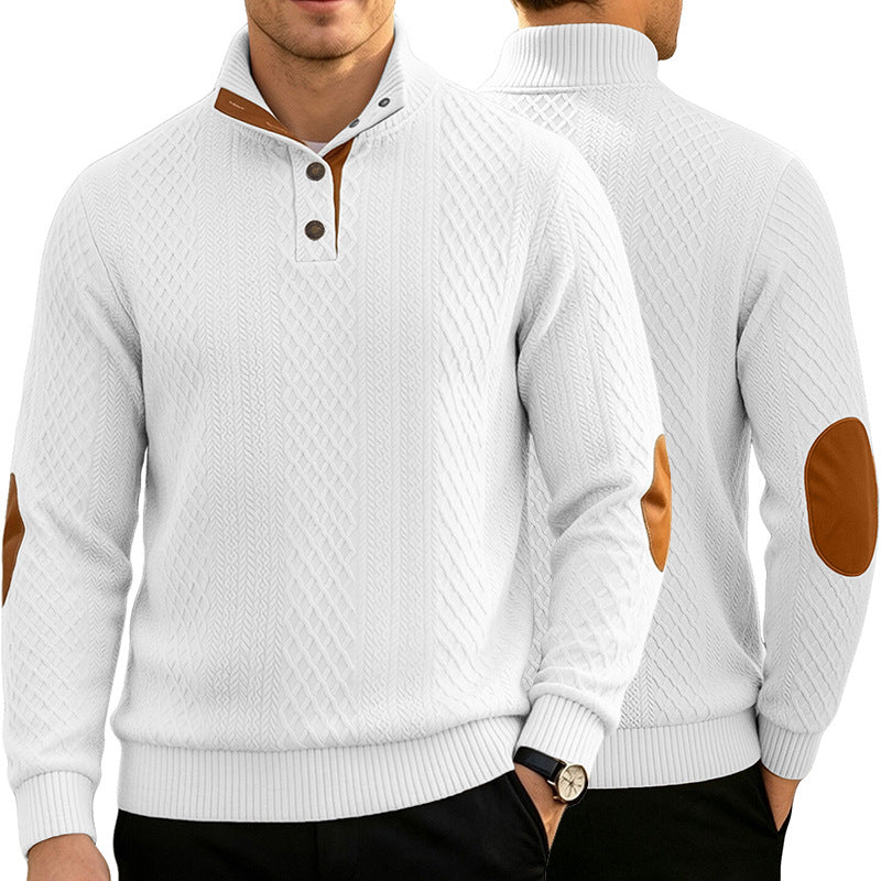 Men's Cable Knit Jumper with Stand-Up Collar and Leather Look Elbow Patches Mune Fashion