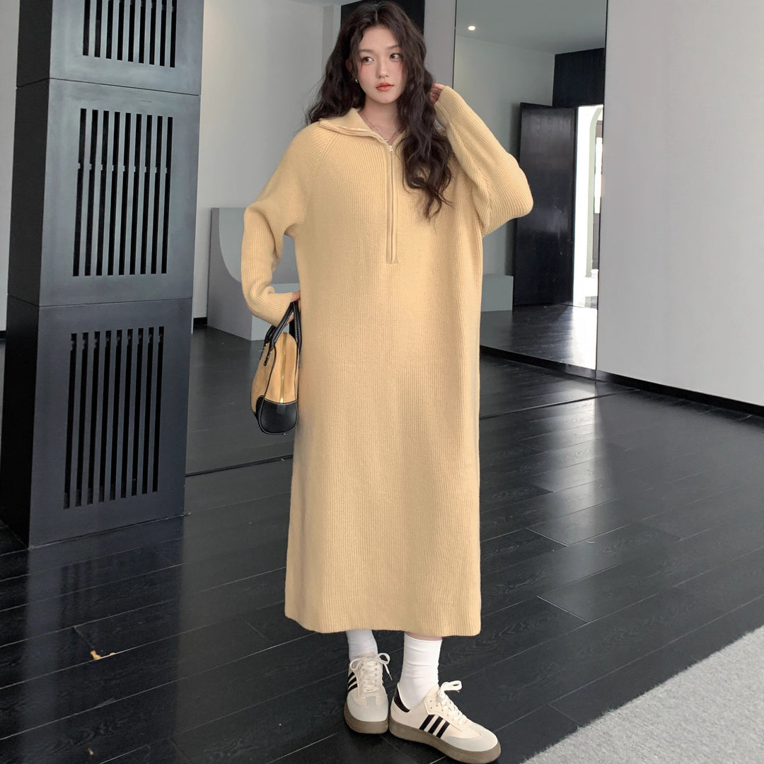Women's Ribbed Hooded Knitted Maxi Dress with Half Zipper and Wide Fall Mune Fashion