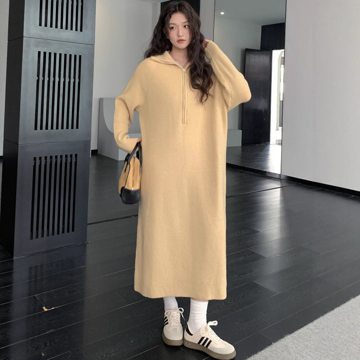 Women's Ribbed Hooded Knitted Maxi Dress with Half Zipper and Wide Fall Mune Fashion