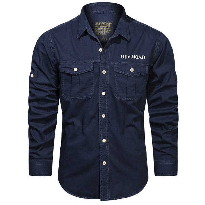 Men's robust utility shirt with patch chest pockets and sleeve tabs