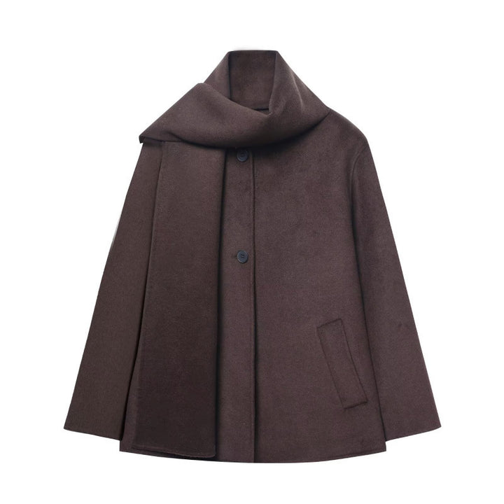 Women's Short Cape Coat with Overlapping Shawl Collar and Hidden Button Placket Mune Fashion