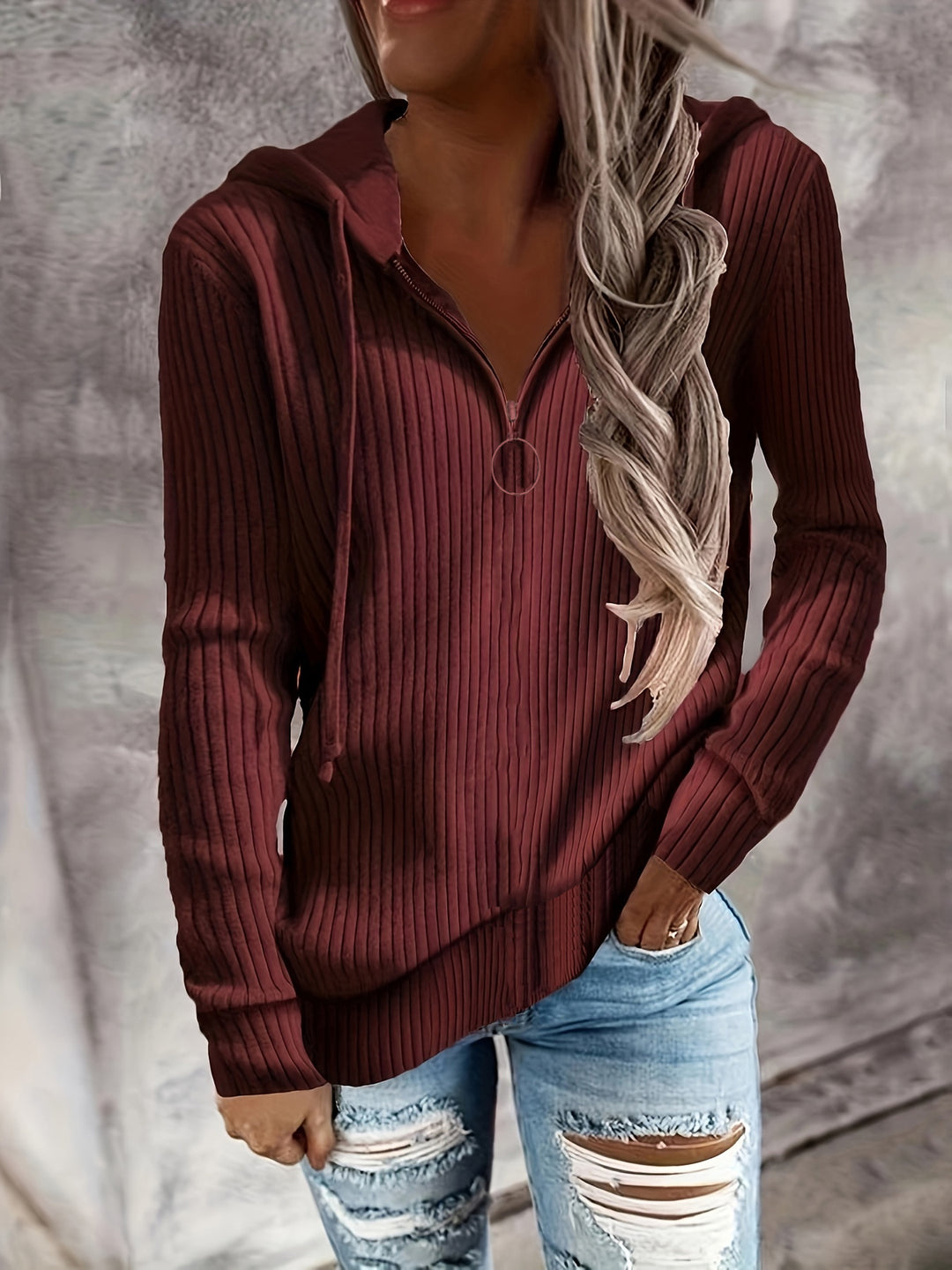 Women's Casual Ribbed Knit Hoodie with Half-Zip and Ring Zipper Drune