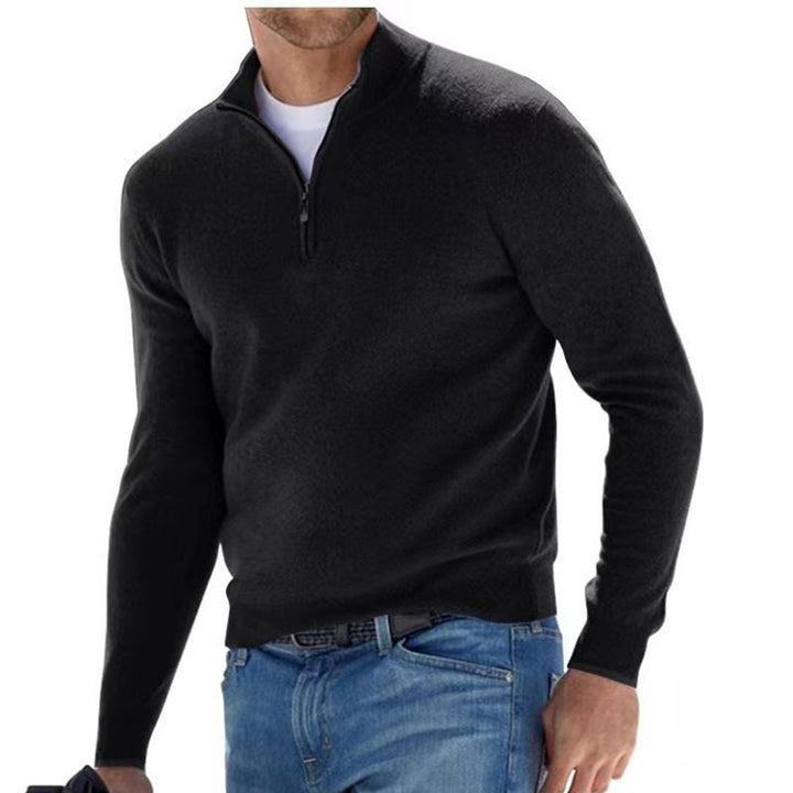 Men's Fine Knit Sweater with Short Zipper and Troyer Collar Mune Fashion