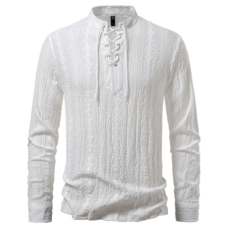 Men's Fine Structure Henley Long Sleeve Shirt with Lacing and Stand-up Collar Mune Fashion