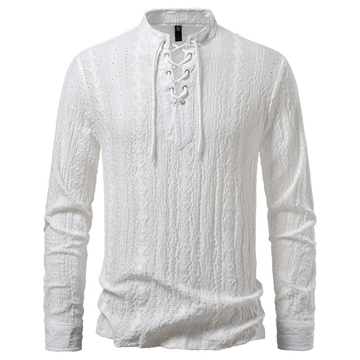 Men's Fine Structure Henley Long Sleeve Shirt with Lacing and Stand-up Collar Mune Fashion