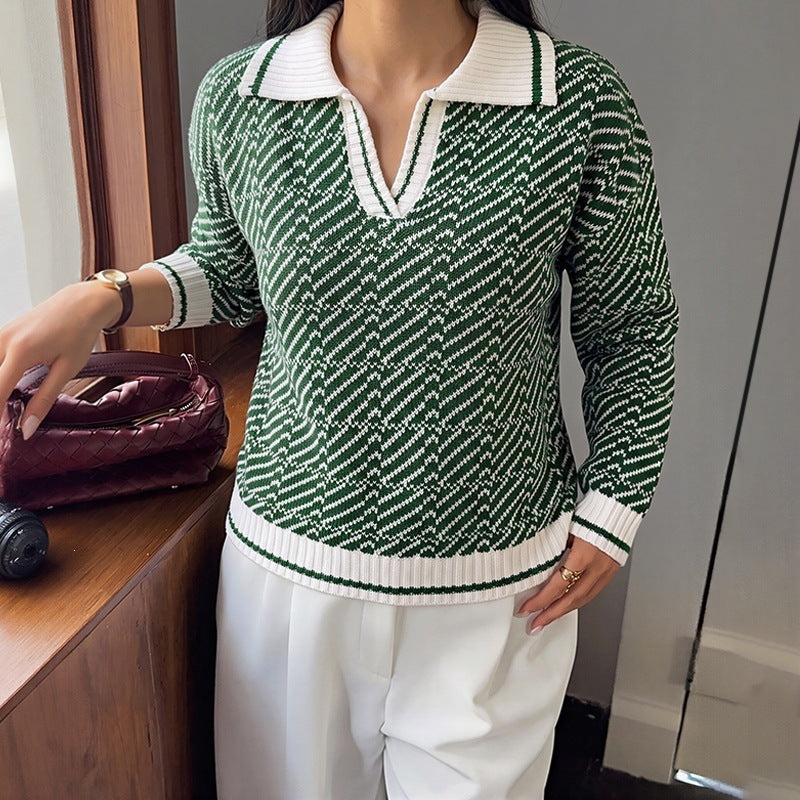 Ladies Elegant Sweater with Polo Collar and Zigzag Pattern Mune Fashion